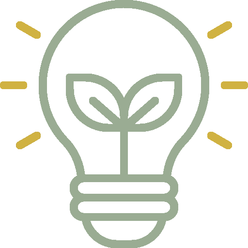 A minimalist icon of a lightbulb with a sprouting plant inside, symbolizing eco-friendly or green energy. The bulb is outlined in green with yellow lines representing light rays, capturing the essence of sustainability and innovation.