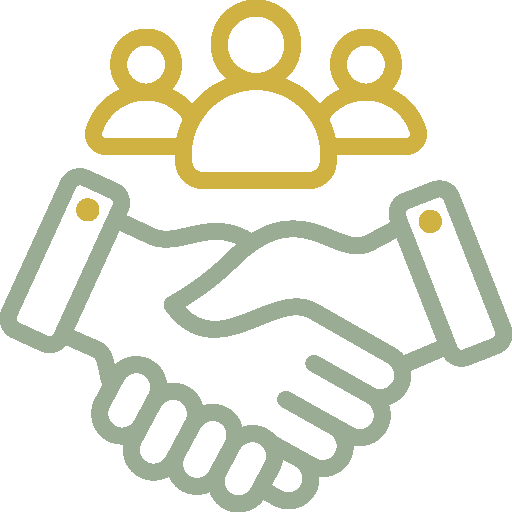 Icon of two hands shaking with three figures above, symbolizing teamwork or partnership, about collaboration and mutual support.