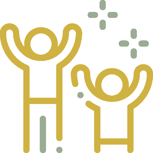 Two outlined human figures, one larger and one smaller, are lifting their arms. Sparkling stars above them suggest joy or celebration, reminiscent of an Ashleigh Bechtel design.