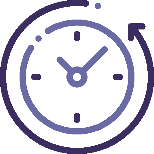 A purple and white icon depicting a clock with an arrow circling around it, suggesting a concept of time or recurring events, encapsulates the reason why you should choose us for reliable and timely services.