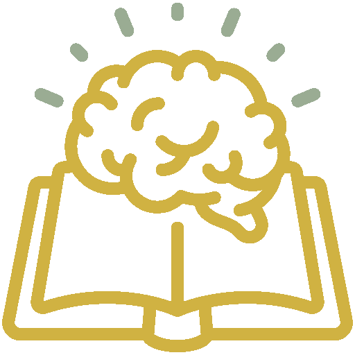 An icon of an open book with a brain above it, surrounded by rays, symbolizing knowledge or learning.