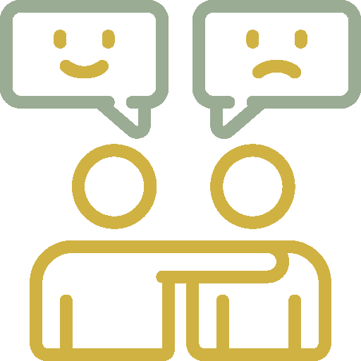 Two outlined figures, one with an arm around the other, appear below speech bubbles—one with a smiling face and the other with a sad face.