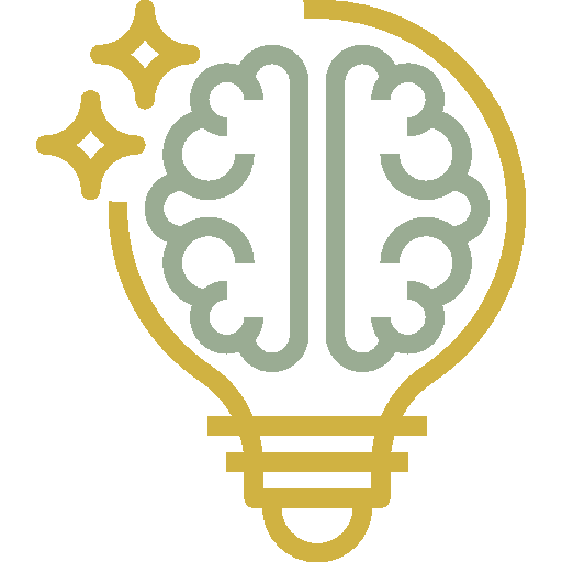 An icon depicting a brain inside a lightbulb with two sparkle effects, symbolizing creativity or a bright idea.