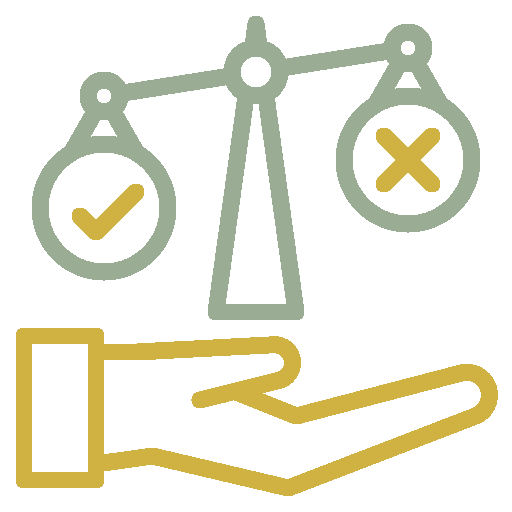A hand holds a balanced scale with a checkmark on one side and an 'X' on the other, symbolizing decision-making or weighing options.