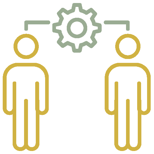 Two simplified humanoid icons connected by a gear icon, symbolizing collaboration or teamwork.
