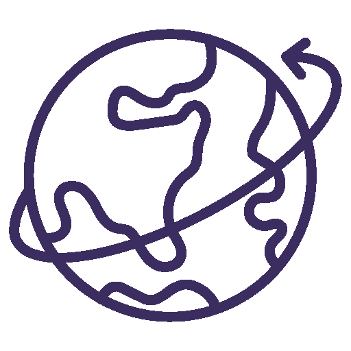 A simple, purple outline of the Earth with a circular arrow wrapping around it, representing the concept of global rotation or worldwide connectivity, visually answers "Why Choose Us" by emphasizing our commitment to global reach and seamless communication.