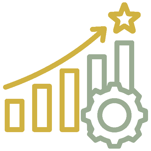 A bar graph with a trend line rising to a star icon, alongside a gear symbol, representing growth and progress.