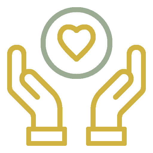 Icon of two hands with a circle and a heart between them, symbolizing care and support.