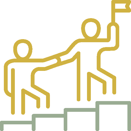 An illustration of two stick figures climbing stairs; one figure helps the other up and holds a flag, symbolizing teamwork and achievement.