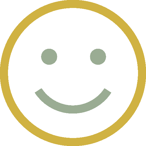 A simple smiley face with two dots for eyes and a curved line for a mouth, enclosed in a gold circle.