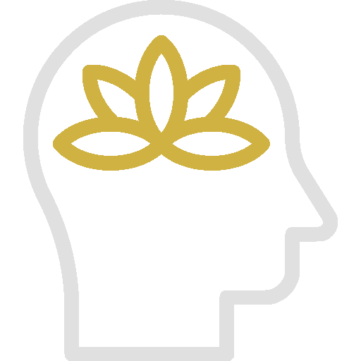 Outline of a human head with a stylized gold flower symbol inside, representing mindfulness or mental well-being, creating a sense of home within.