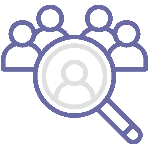 Icon of a magnifying glass focusing on one of four people symbols, representing the concept of selecting an individual from a group. This symbol could be used in contexts such as home searches or choosing the right person for a task.