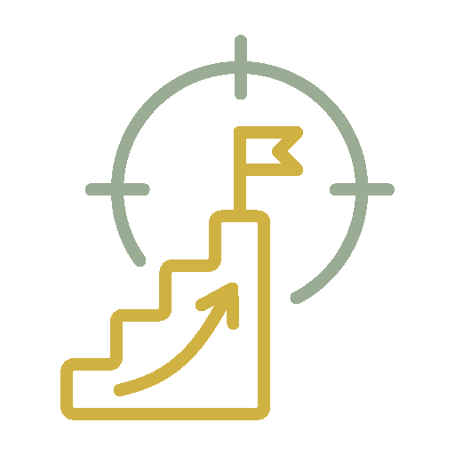 An icon depicting a yellow staircase with an upward arrow leading to a flag at the top, inside a green target circle.