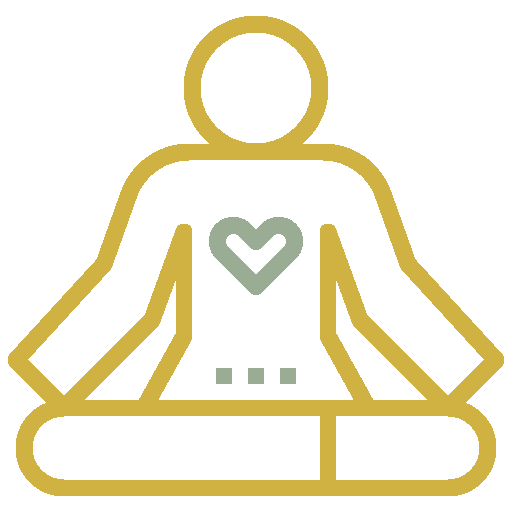 Line drawing of a person in a seated meditation pose with a heart symbol on their chest.