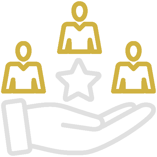 Icon depicting a hand holding a star, with three person icons above it, symbolizing customer service or recognition. Perfect for home-based businesses wanting to showcase their dedication to excellence.